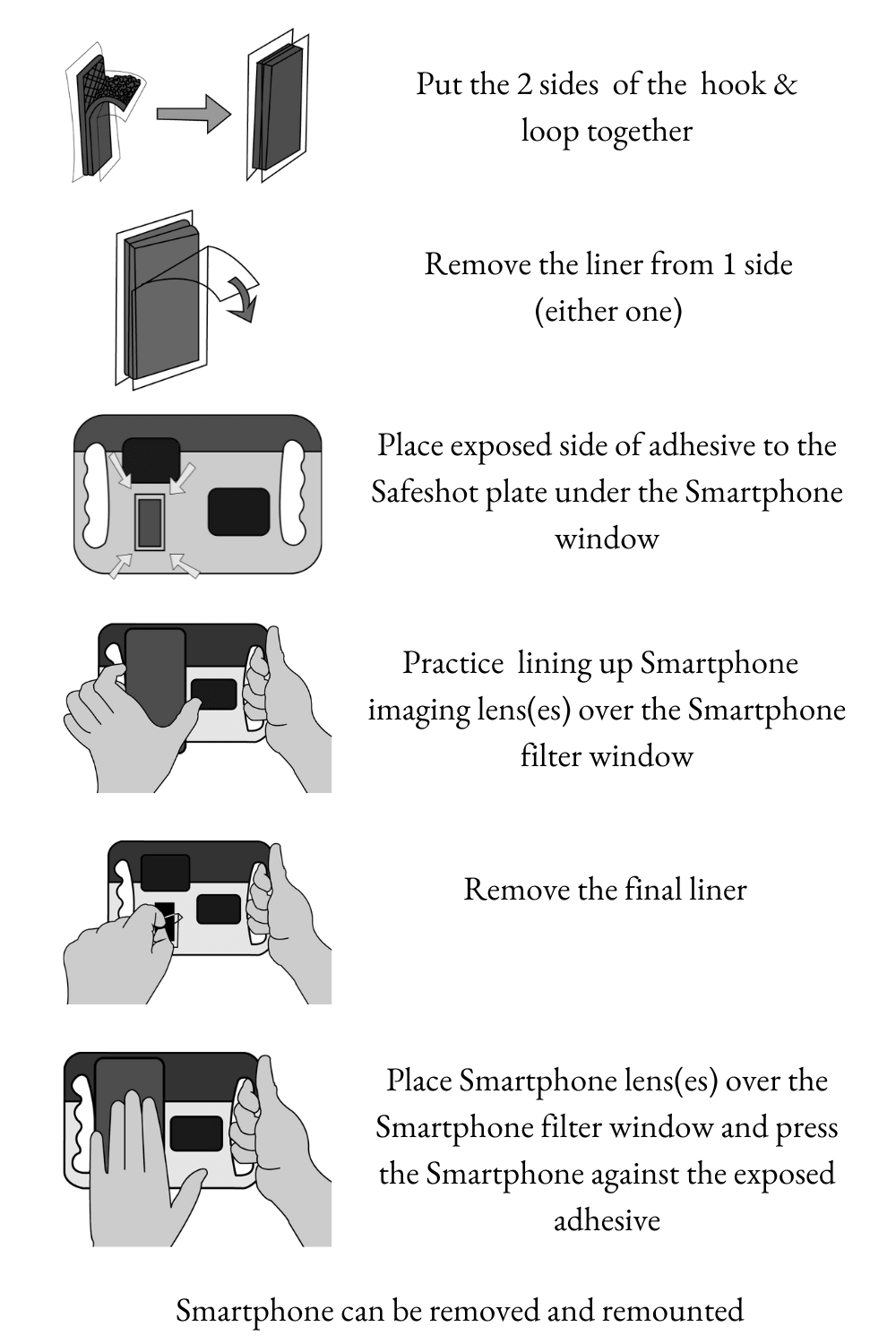 Diagrams of adhesive placements on the Safeshot smartphone solar eclipse viewer.